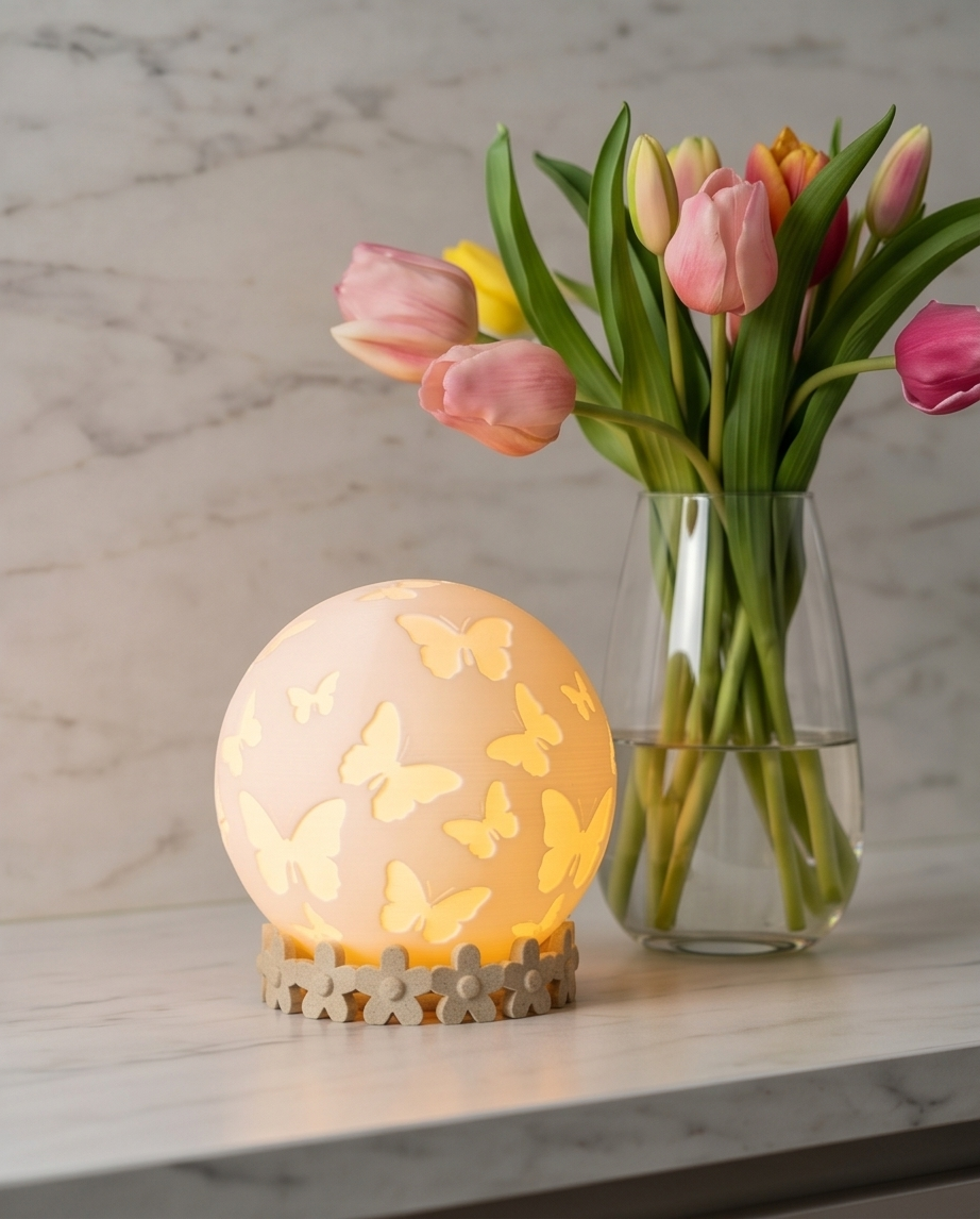 Schmetterlings-Kugel-Teelichtlampe mit Blumensockel