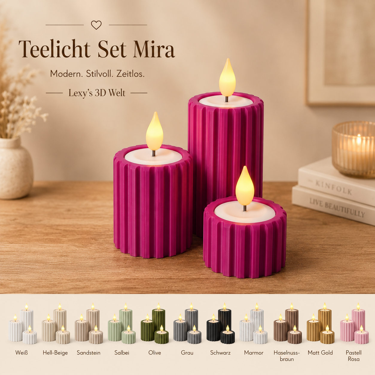 Mira Teelicht-Set 3er – 3D-gedruckte LED-Teelichthalter mit geriffelter Optik für moderne Lichtdeko