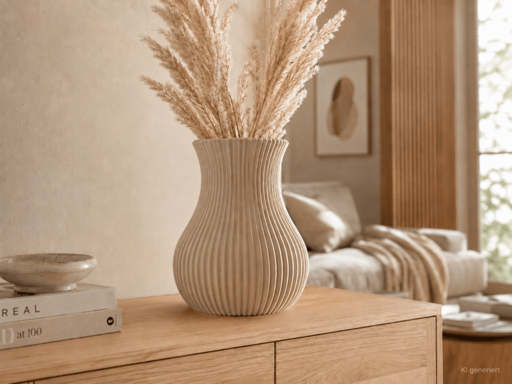 Gerippte beige 3D-Druck-Vase im Japandi-Boho-Wohnzimmer