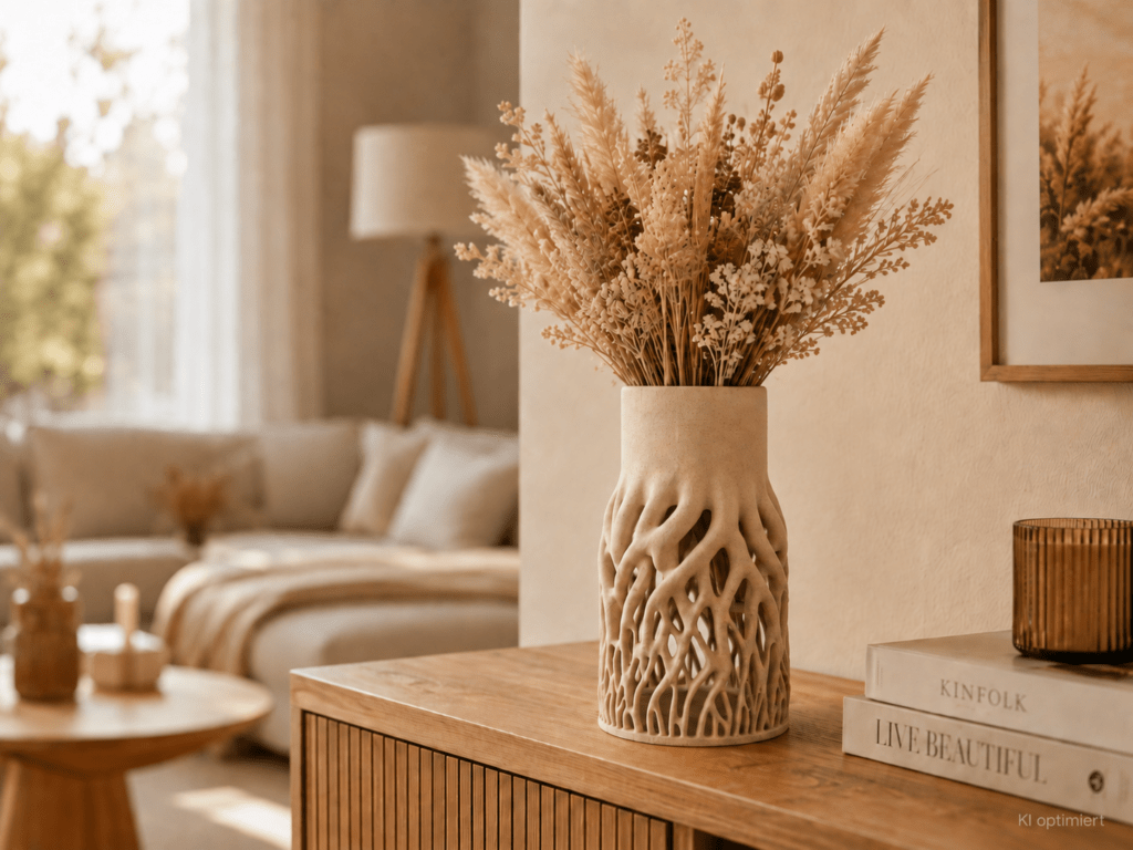 Organisch geformte PLA-Vase mit Trockenblumen im Wohnzimmer